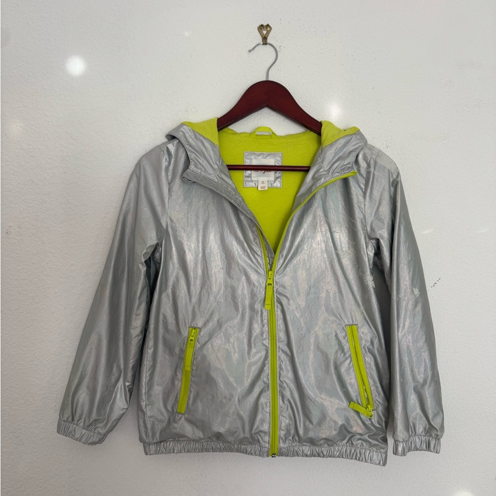 Cat & Jack Kids Rain Jacket – Silver/Neon Green, Size M (8–10)